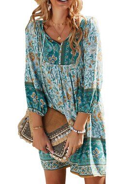 🆕 Womens Bohemian Tie Neck Printed Dress Summer Ethnic Style Tunic Dress